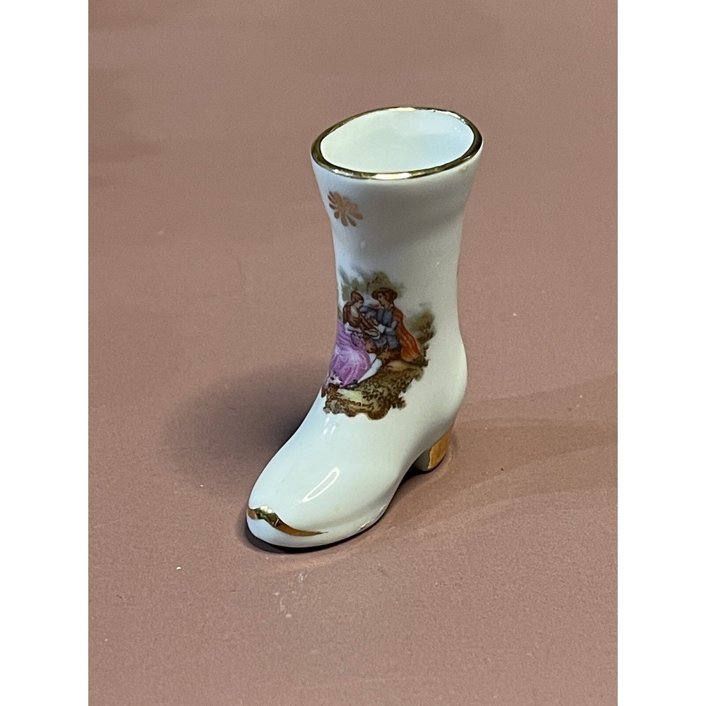 Vintage Limoges France Miniature Boot With Portrait And Flowers With Gold Trim.